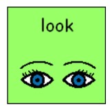 Green background with drawnbleu eyes and the word "look"