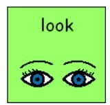 Green background with drawnbleu eyes and the word &quot;look&quot;